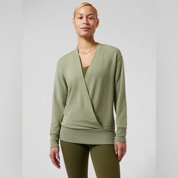 Athleta Purana V Neck Wrap Sweatshirt Eucalyptus Olive Green Size L - Picture 1 of 7
